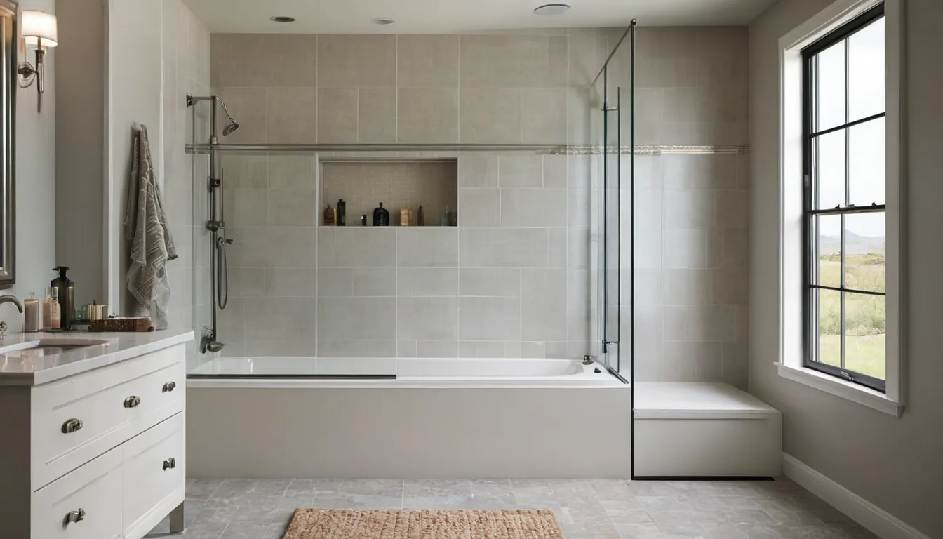 Bright bathroom with a new low-entry walk-in shower and glass panel, grab bar and bench, in a Grafton home